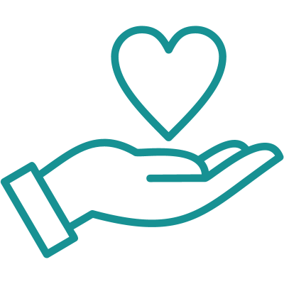 A teal graphic of a hand with a heart shape in it.